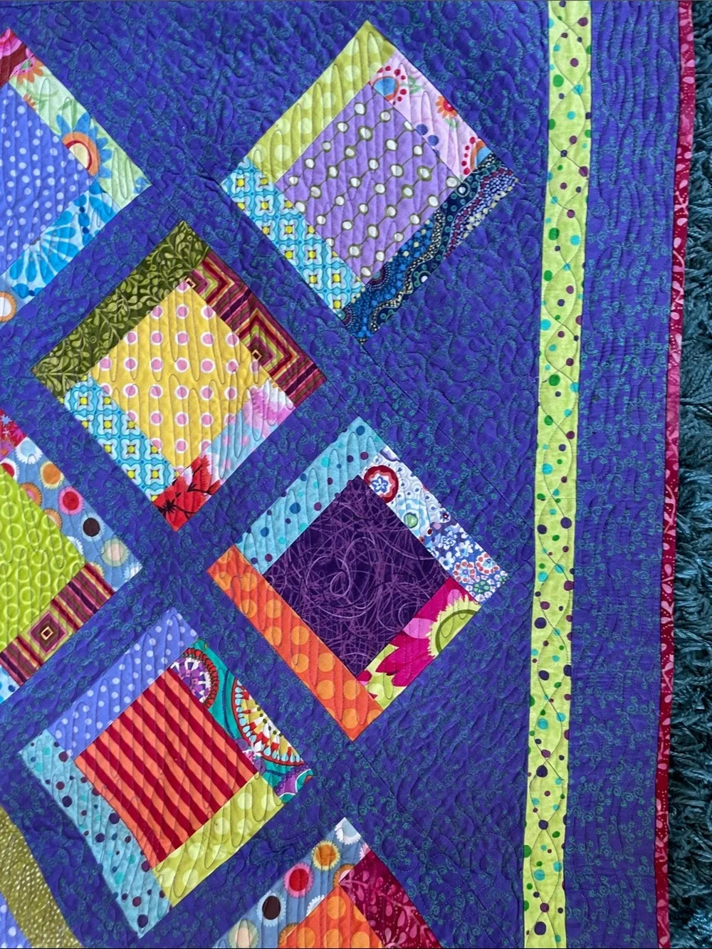 Vibrant Patchwork hand made Diamond Quilt in Purple and green- size 65” x 48”
